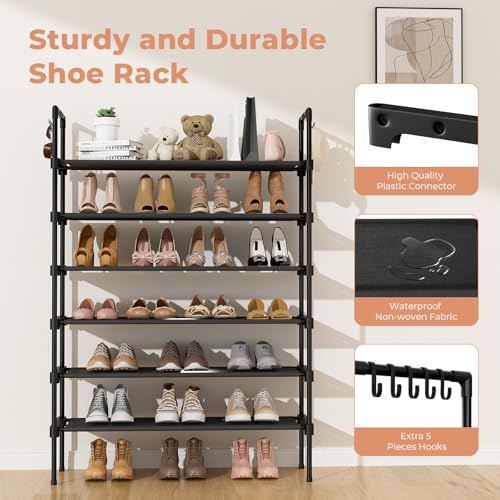 LANTEFUL 6 Tier Shoe Rack for Closet Shoe Organizer with 5 Hooks, Long Shoe Shelf Storage for Shoe and Boot Stackable Free Standing Shoe Rack for Entryway, Garage, Small Spaces, Dorm, Black - color: Black, size: 27.8"W - 6 Tier