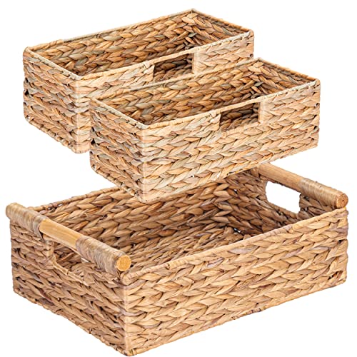 VATIMA Large Water Hyacinth Storage Baskets for Organizing with Wooden Handles for Shelves, 2 Bathroom Small Basket, Water Hyacinth Toilet Paper Baskets, Set of Natural Wicker Storage Basket for Home - color: Water Hyacinth, size: Set of 3 (1 Large Basket