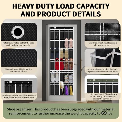 PAULONE Over the Door Organizer with 30 Large Pockets, 3 Sizes of Closet Hangers, Holds up to 69 lbs, Hanging Organizer with Clear Window for Children's Toys, Shoes, Diapers (Black) - color: Black