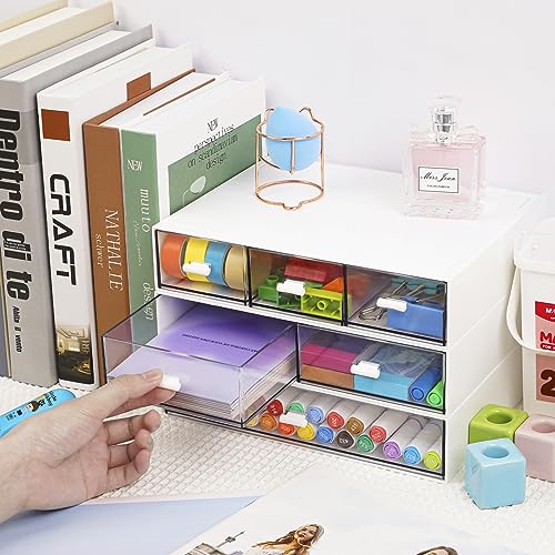 3 Tier Stackable Desk Organizer with 6 Drawers, YOCOMEY Plastic Desktop Storage Box Drawers, Detachable Makeup Storage Office Stationery Supplies Organizer for Office School(New White) - color: New White