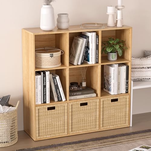 Wooden 9 Cube Storage Organizer with Closed Back Panel,White Cube Shelf Cubby Storage Organizer with Compartments for Living,Bookshelf, Easy to Install (Oak, 9 Cube-13in) - color: Oak, size: 9 Cube-13in