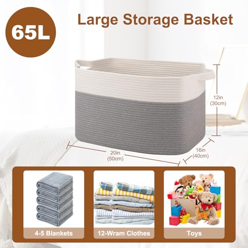OIASKET Blanket Basket for Living Room, Cotton Rope Basket for Storage, Toy Baskets Bin for kids, Woven Baskets with Handles for Clothes, Towels, Pillows, 20" x 16" x 12", Grey and White (Pack of 2) - color: Grey & White, size: 19.7"x15.8"x11.8" (Pack of