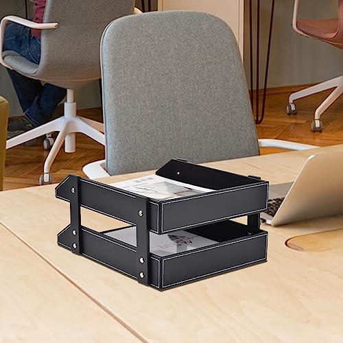 Leather Desk Organizer,2-Tier Stackable Letter Tray Holder,Office Supplies Desktop Storage Box for Document,Stationery,Magazines,Newspapers,Letters and Other Home Office Paper Sundries,Black - color: Black