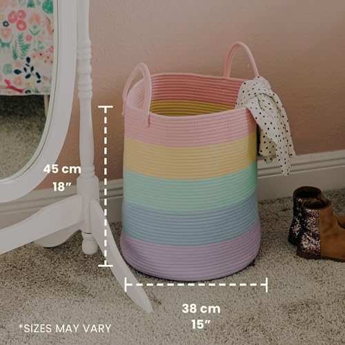OrganiHaus Large Rainbow Woven Laundry Basket w/Handles 52L, Decorative Toy Storage Bin for Nursery, Colorful Blanket Basket for Playroom, Baby Laundry Hamper, Fun Kids Room Decor Organizer - color: Rainbow Pastel, size: Tall