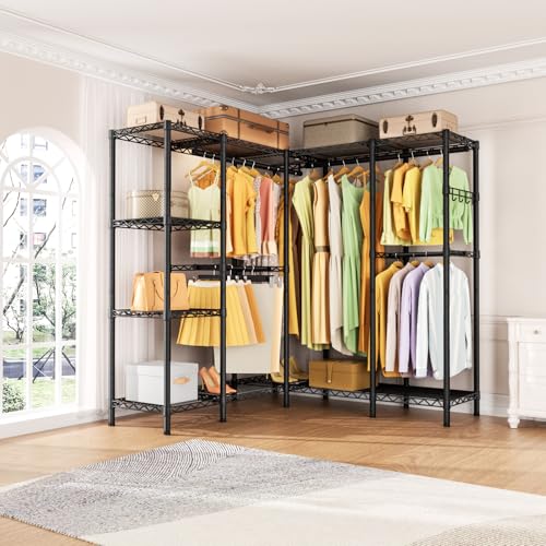 Golpart Heavy Duty Garment Rack Clothes Rack,Large Metal Closet Organizer System Storage Wardrobe,Freestanding Clothing Rack with Adjustable Wire Shelves& Hang Rods,MaxLoad 1100lbs - color: Black, size: 50"D x 50"Wx 76.5"H