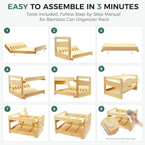 MinBoo Adjustable Can Organizer Rack, Two Tier Bamboo Stackable FIFO Cans Dispenser, Modern Style, Countertop, Assembly Required, Anti Shedding