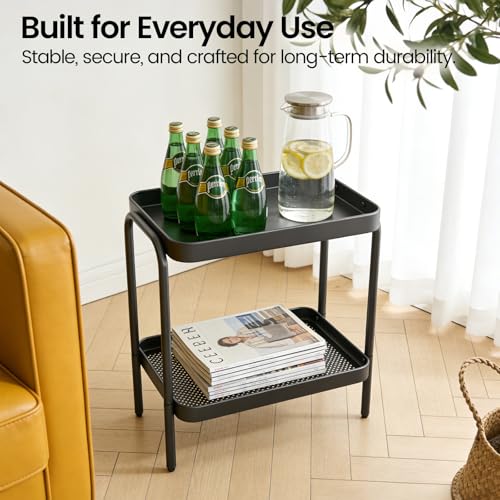 2 in 1 Desktop & Floor End Table with Storage Shelves, Compact 2-Tier Side Table for Office Desk Organization, Bedside Nightstand, Small Space Nightstand for Living Room, Bedroom, Office