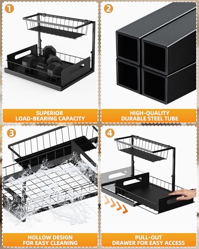 Mythinglogic Metal Under Sink Organizer and Storage, 2 Tier Under Sink Organizer, Pull Out Under Cabinet Organizer Shelf for Kitchen Bathroom and Laundry Room