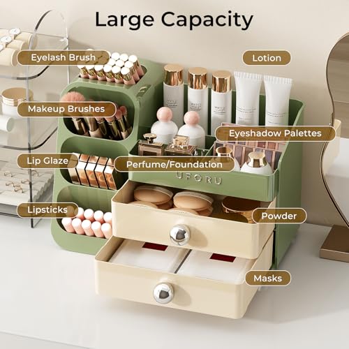 Makeup Organizer for Vanity with Brush Holder, Large Plastic Bathroom Countertop Skincare Organizer with 2 Drawers, Spacious Cosmetic Display Case for Perfumes, Eyeshadow Palettes, Nail Polishes - color: Green, size: Large