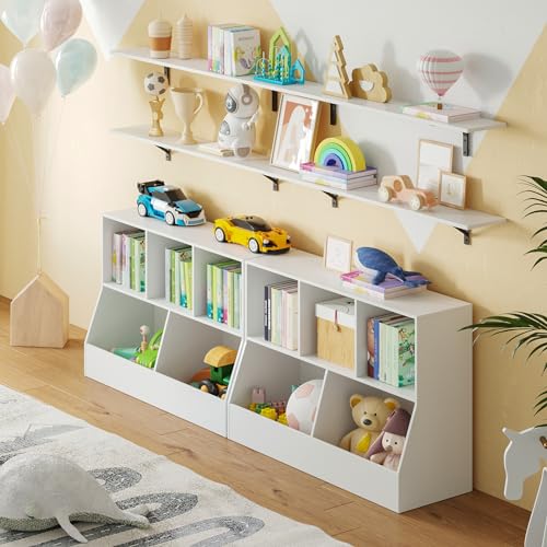 DINZI LVJ Toy Storage Organizer, Kids Bookshelf, Wood Toy Storage Cabinet, 5 Cubby Children Bookcase, 43.3" L Toddler Book Shelf for Playroom, Living Room, Nursery, Hallway, School, White - color: White, size: 2-Tier 43.3"