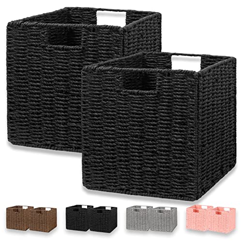 Vagusicc Wicker Storage Basket, Set of 2 Hand-Woven Wicker Basket, Foldable Cube Storage Bin, Black Storage Basket, Square Storage Baskets for Organizing Shelves & Decor, Black (11″×11″×11″) - color: Black, size: 11'' x 11'' x 11''