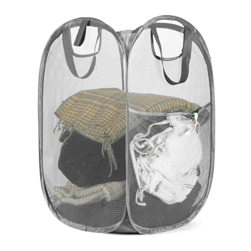 Strong Mesh Pop-up Laundry Hamper,HOUSE AGAIN Quality Pop Up Hampers for Laundry with Durable Handles Solid Bottom High Carbon Steel Frame, Easy to Open and Fold for Storage(Grey) - color: Gray, size: 1-Pack