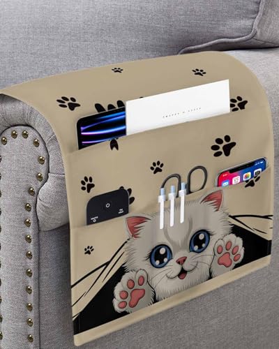 Sofa Armrest Organizer Bedside Caddy, Adorable Cat Welcome Non Slip Couch Remote Control Holder for Recliner, Retro Paws Footprints Arm Chair Caddy with Pocket for Magazine, Phone, 13''x35'' - size: 13x35 in