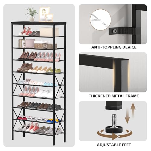 10 Tiers Shoe Storage Organizer, Large Capacity Shoe Shelf Holds 32 Pairs of Shoes,Black - color: Black, size: 27.8" x 10.8" x 65.7"