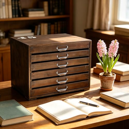 Vintage Wooden Desktop Organizer Cabinet with 6-Drawer Rustic Wood Shelf Drawer Antique Card Catalog Cabinet Distressed Decor Jewelry Cosmetics Craft Paper Storage Box for Home Office (Natural Color) - color: Natural Color