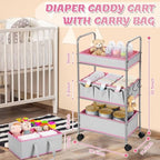 FoldTier 2in1 Baby Diaper Caddy Organizer Cart 3 Tier Large Capacity Metal Utility Bedside Rolling Cart with Divider Newborn Registry Nursery Essential Must Have Bedroom Gift Baby Shower(Pink) - color: Pink