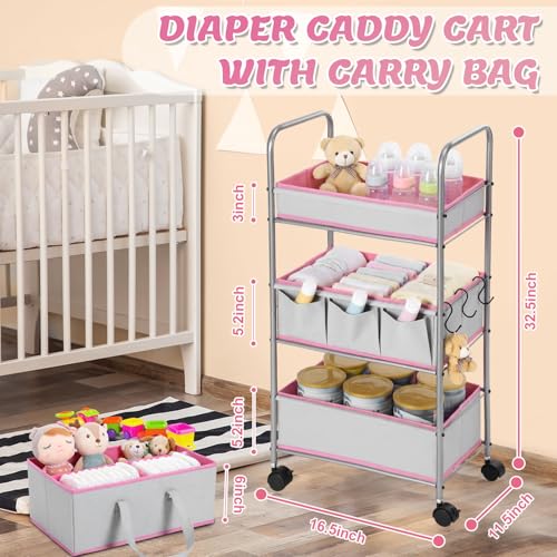 FoldTier 2in1 Baby Diaper Caddy Organizer Cart 3 Tier Large Capacity Metal Utility Bedside Rolling Cart with Divider Newborn Registry Nursery Essential Must Have Bedroom Gift Baby Shower(Pink) - color: Pink
