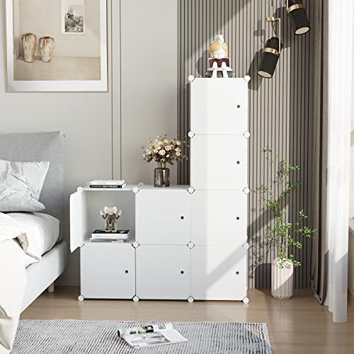 C&AHOME Cube Storage Organizer with Doors, 8-Cube Shelf, Closet Cabinet, DIY Plastic Modular Bookshelf, Storage Shelves Ideal for Bedroom,Living Room,24.8" L × 12.4" W × 48.4" H Milky UGSHS3008M - color: Milky