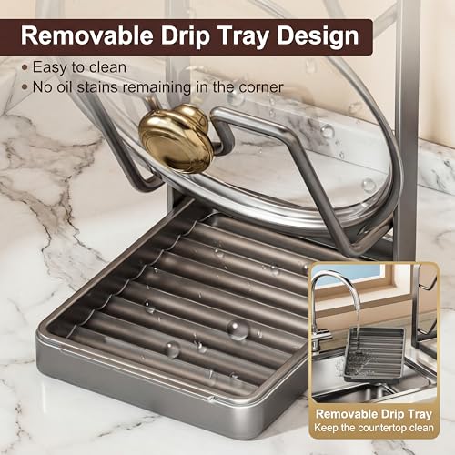 Didaey 2 Pack Pot Lid Organizer Rack 6-Tier Pot Lid Holder While Cooking Carbon Steel Kitchen Cover Storage Rack Multifunctional Stand for Countertop Stove Top Cabinet Shelf Spoon