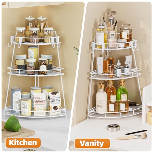 VITVITI 3 Tier Corner Bathroom Counter Organizer, Metal Bathroom Countertop Organizer Shelf Storage, Bath Room Sink Makeup Organizers for Vanity Skincare with Hooks, White - color: White