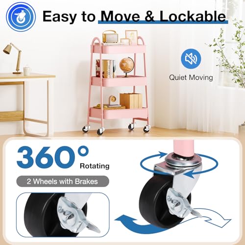 OLIXIS Metal 3 Tiers Utility Rolling Cart, Mobile Storage Shelf with Lockable Caster Wheels, Organization for Livingroom, Bathroom & Narrow Places, Pink - color: 3-tiered Pink, size: 3-Tiered 17 inches