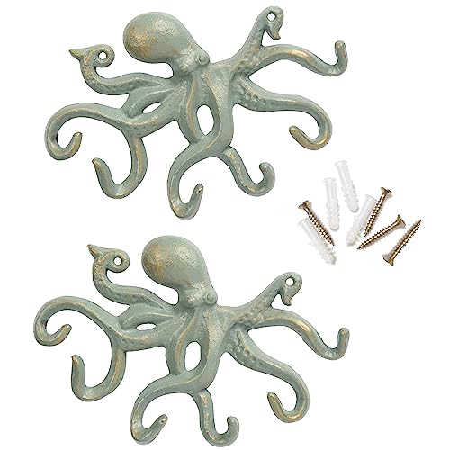 Key Holder for Wall, Iron Coat Hooks Wall Mounted Towel Hooks for Bathrooms, 2Pcs Heavy Duty Decorative Hooks - Gold Green - color: Gold-Green 2pack