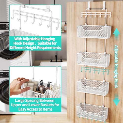 HapiRm Over Door Organizer Storage - Hanging Door Organizer with 4 Metal Large Capacity Baskets and Adjustable Coat Hook for Bathroom Bedroom Kitchen Pantry Closet Cabinet - color: White
