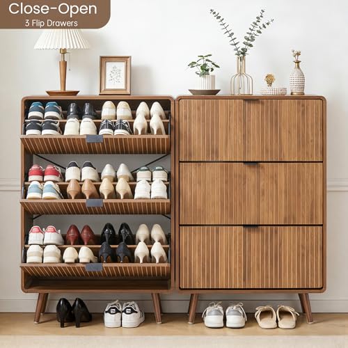 FurSch Fluted Shoe Storage Cabinet with 3 Flip Drawers, Narrow Shoe Rack Cabinet Organizer with Adjustable & Removable Shelves for Entryway (All Walnut, 3 Drawers) - color: All Walnut, size: 3 Drawers
