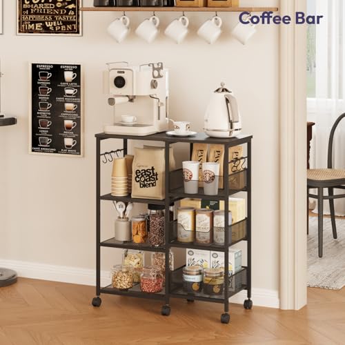 SWTYMIKI Kitchen Island Cart on Wheels - 4 Tier Rolling Kitchen Table Cart with Storage Shelves, 6 Removable Hooks& Locking Casters, Coffee Bar Cabinet for Dining Room Pantry Office, Black - size: 28x11.81in, style: Black