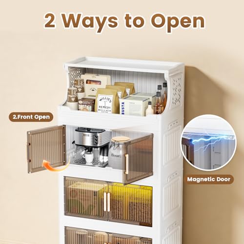 6 Tier Plastic Storage Bins with Top Open Shelf, Folding Storage Box with Doors and Wheels, Stackable Closet Organizers for Living Room, Office, Dorm