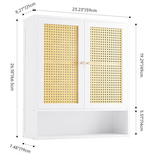 Bathroom Wall Cabinet, Bamboo Over-The-Toilet Storage Organizer with 2 Rattan Doors and Adjustable Shelf, Space Saver Medicine Cabinet for Laundry, Kitchen, Living Room (White) - color: White