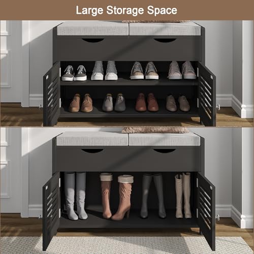 ChooChoo Shoe Storage Bench with Lift Top Storage, Entryway Bench with 2 Cushioned Seats, 3 Compartments, Adjustable Shelf, Shoe Cabinet for Entryway, Bedroom, Living Room, Black - color: Black, size: 13.78"D x 29.53"W x 19.69"H