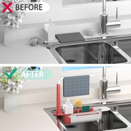 Telescopic Sink Storage Rack with 2 Sponge - Sink Caddy Sponge Holder for kitchen sink(Pink) - color: Pink