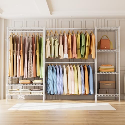 Golpart Heavy Duty Garment Rack Clothes Rack,Large Metal Closet Organizer System Storage Wardrobe,Freestanding Clothing Rack with 9 Adjustable Wire Shelves&3 Hang Rods,MaxLoad 1500lbs White - color: White, size: 15.75"D x (70~88.5)"W x 76.5"H
