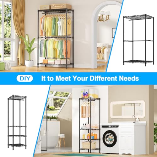 Ulif E10 Clothes Rack（With Stretchable Hanger Rod）Freestanding Clothing Racks for Hanging Clothes，Adjustable Closet Organizer System，Portable Garment Rack 73-97"W x 15" D x 72" H，Max Load 800LBS，Black - color: Black