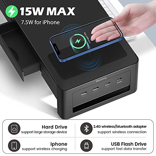 meatanty 3 In 1 Monitor Stand Riser with 2 Drawers,1 Wireless Charging Module and 4 USB Ports,Metal Computer Stand Support Transfer Data & Charging,Desk Organizer for PC,iMac (21 inches) - size: Large, style: Wireless Charger Version