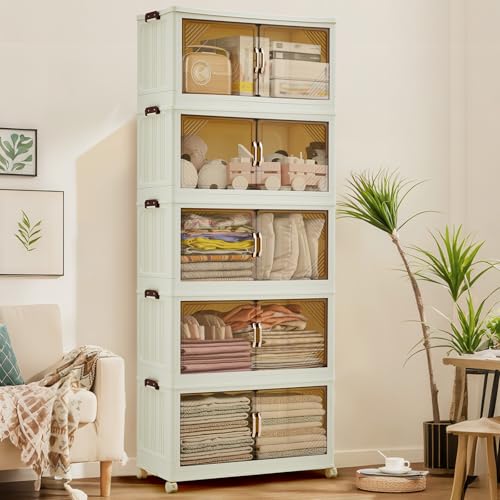GarveeHome 240QT Stackable Storage Bins, Folding Storage Box with Magnetic Doors & Wheels, Loset Organizers and Storage with Lids, Collapsible Plastic Drawers for Bedroom Kitchen Office, White - color: 5rd Floor, size: 48QT