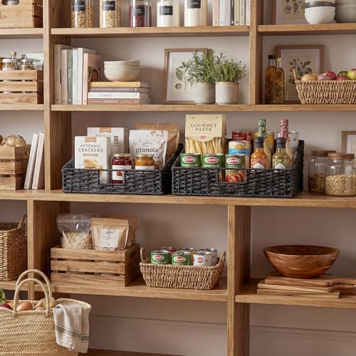 StorageWorks Wicker Baskets with Handles, Pantry Organizers and Storage, Paper Rope Pantry Baskets for Shelves, Black， 2-Pack - color: Black(Paper Rope), size: 15¾"L x 11"W x 7½"H + 14¼"L x 9¾"W x 6¾"H