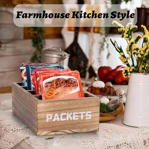 BSTKEY Seasoning Packet Organizer, Food Packet Storage Organizer with 4 Compartments, Wooden Storage Caddy for Kitchen Pantry Cabinet, Farmhouse Kitchen Organization Bin for Snacks Spice Packets - color: Vintage Wood