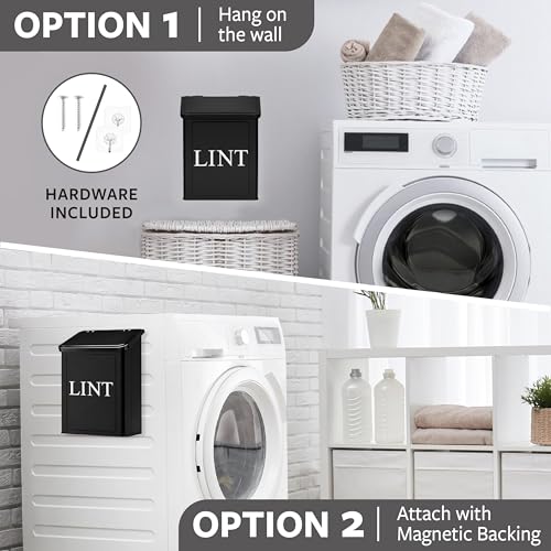 Calindiana Modern Farmhouse Metal Magnetic Lint Bin with Lid and Laundry Room Organization and Storage Wall Mount Space Saving Washer and Dryer Trash Can (Black (LINT Brush Set)) - color: BLACK (LINT BRUSH SET)