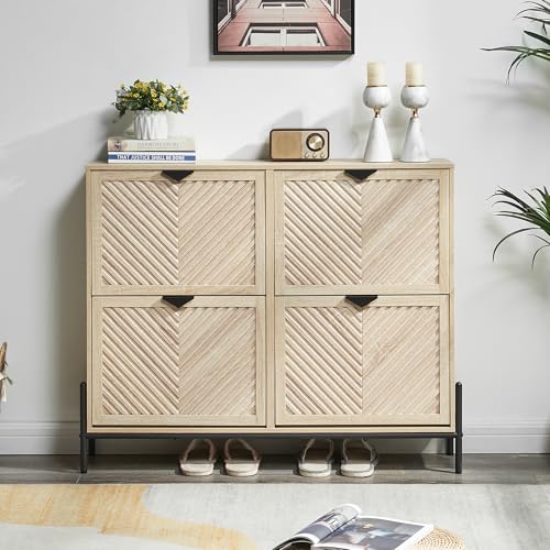 Shoe Cabinet Storage with 4 Flip Drawers, Narrow Hidden Shoes Organizer Cabinet for Entryway, Freestanding Slim Shoe Rack Front Door Entrance(Oak) - color: Oak, size: Large