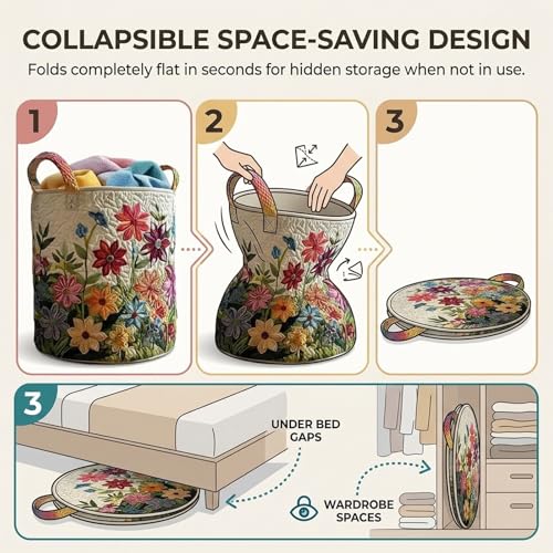 Quilted Laundry Baskets, Large Floral Boho Fabric Storage Hamper with Handles, Collapsible Soft Clothes Organizer Tote for Nursery House Styling, Portable Bedroom Washing Container - color: #14, size: L(45*43*17cm)