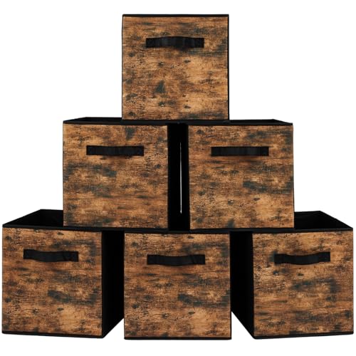 Stero Fabric Storage Cubes, 6 Pack Foldable Storage Bins with Handle, 11 Inch Box for Shelves, Closet, Organizer, Rustic Brown and Black - color: Light Brown and Black, size: 11"-6 Pack