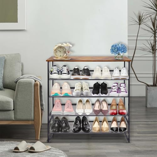 Garden 4 you Shoe Rack for Entryway 5 Tiers 11.8" D x 29" W x 36.5" H, Metal Shoe Rocks with Brown Wooden Tabletop, Angled Shoes Rack with Adjustable Mesh Shelves for Entryway Hallway Closet - color: Rustic Brown, size: 5-Tiers