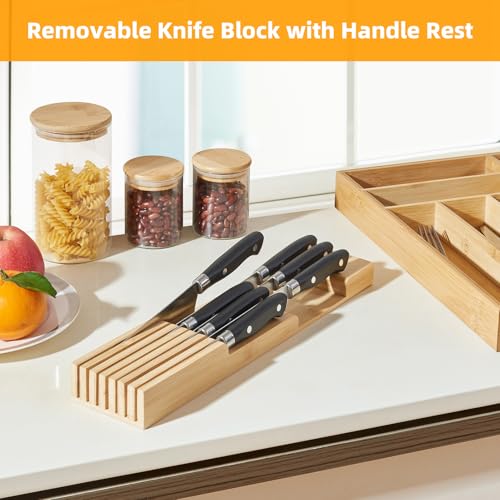 TIOPGHAD Small-Bamboo-Silverware-Drawer-Organizer, Expandable Utensil Kitchen Cutlery Tray Flatware Organization Adjustable Wood Tableware Dividers Storage (with Removable Knife Block)(Natural) - color: Natural, size: Medium