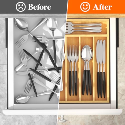 Lifewit Silverware Drawer Organizer, Utensil Tray for Kitchen, Flatware and Cutlery Holder, Storage for Spoons Forks Knives, 6.7 x 12", Natural - size: 6.7"W x 12"D