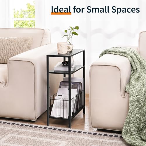 Yoobure Narrow Side Table with Storage Basket, Small End Table for Small Spaces, Skinny Side Tables Living Room Bedroom Office, Slim Nightstand 3 Tier Bedside Table Space-Saving for Magazine, Black - color: Black