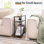 Yoobure Narrow Side Table with Storage Basket, Small End Table for Small Spaces, Skinny Side Tables Living Room Bedroom Office, Slim Nightstand 3 Tier Bedside Table Space-Saving for Magazine, Black - color: Black