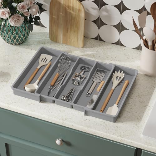 Lifewit Utensil Organizer for Kitchen Drawers, Expandable Cooking Utensil Tray, Adjustable Cutlery Silverware Flatware Holder, Plastic Spatula Tools Storage Divider, 13-22 x 15", Gray - color: Gray, size: Large(13-22''W x 15"D)