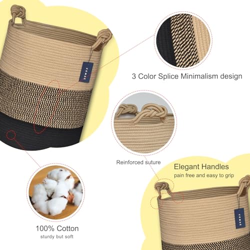 COMSE Extra Large Blanket Basket, Tall Woven Storage Basket, Nursery Hamper, 15.7”x 21.7”, Cotton Rope Laundry Hamper for Toys Clothes Towels, Brown/Black - color: Brown & Black